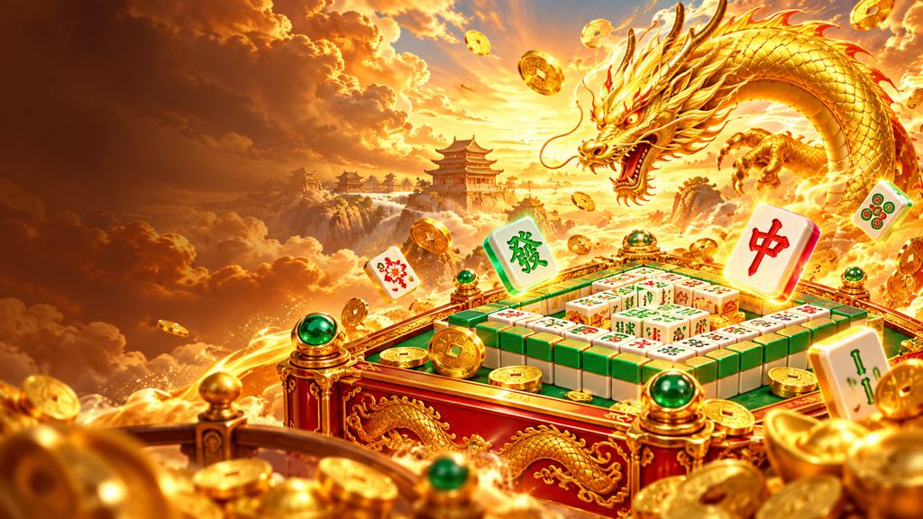 Fichas de mahjong sobre una mesa de juego con un dragón dorado detrás